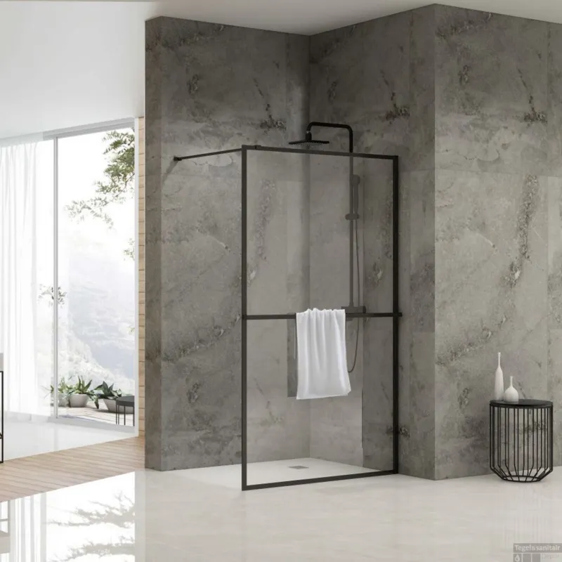 Fabrieksprijs Inloopdouche Van Rijn ST04 Met Handdoekstang 90x200 cm 8 mm Helder Glas Zwart