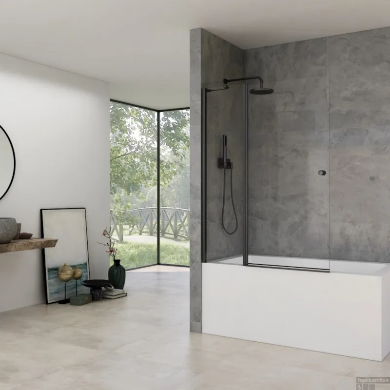 Flitsaanbieding Badwand Van Rijn ST02 Klapwand + Vaste Wand 120x150 cm Helder Glas 6 mm Zwart