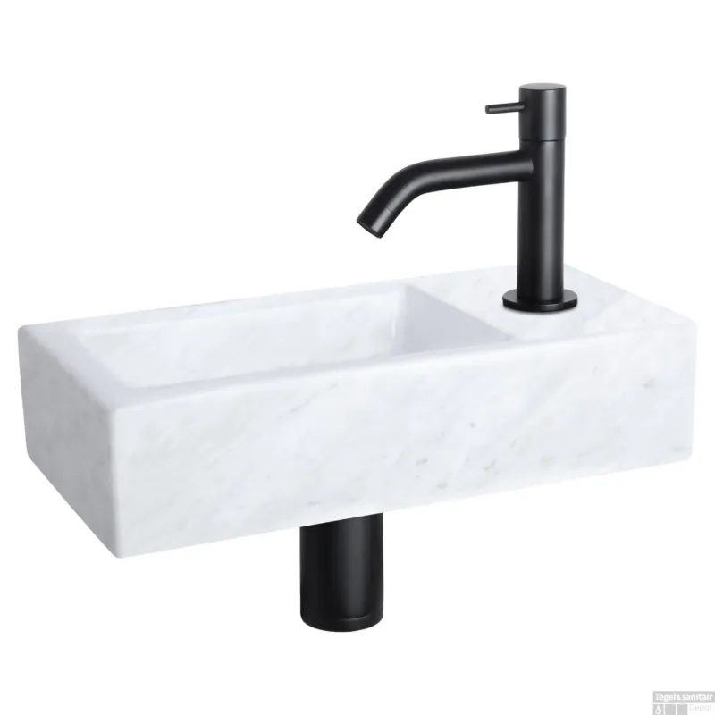 Fonteinset Differnz Helios 37.5x18.5x9.5 cm Marmer Wit Met Gebogen Kraan Mat Zwart Finale Uitverkoop