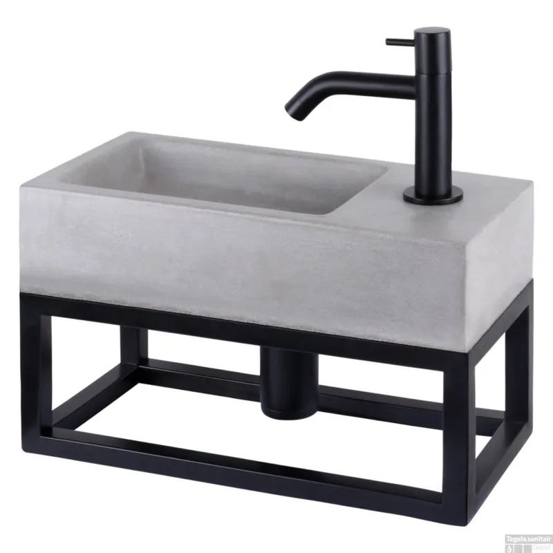 Fonteinset Differnz Jukon Rechts 38.5x18.5x18 cm Met Handdoekrek Beton Donker Grijs (inclusief mat zwarte kraan sifon en afvoer) Fabrieksprijs