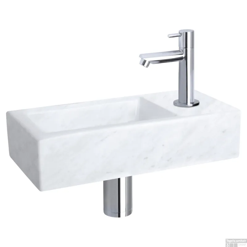 Fonteinset Differnz Helios 37.5x18.5x9.5 cm Marmer Wit Met Rechte Kraan Chroom Direct Verzonden