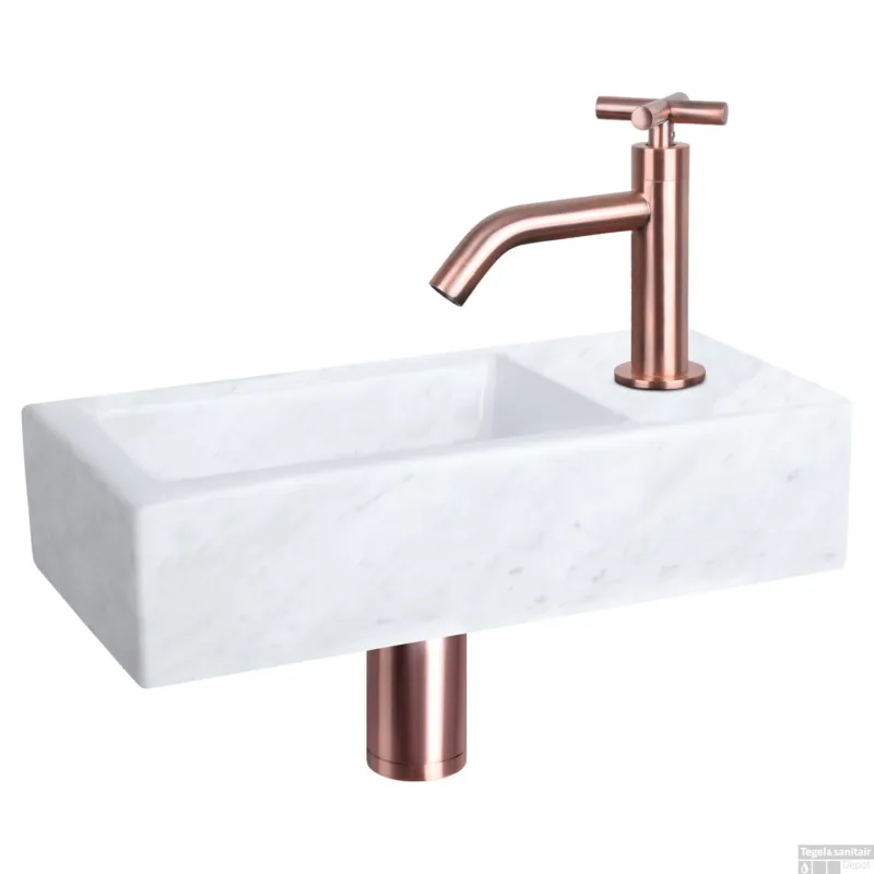 Fonteinset Differnz Helios 37.5x18.5x9.5 cm Marmer Wit Met Gebogen Kruis Kraan Rood Koper Meest Verkocht