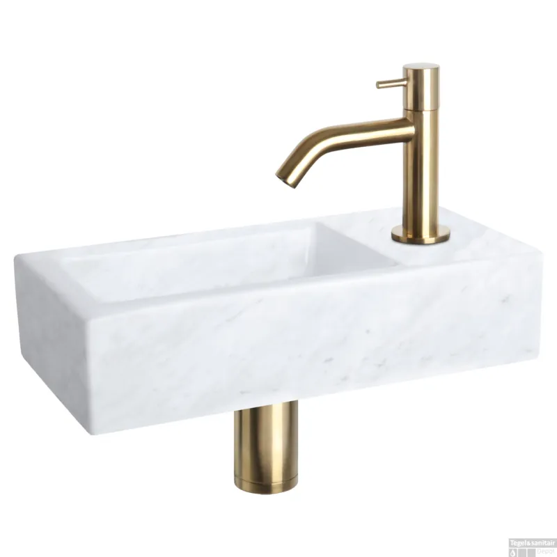 Fonteinset Differnz Helios 37.5x18.5x9.5 cm Marmer Wit Met Gebogen Kraan Mat Goud Speciale Aanbieding