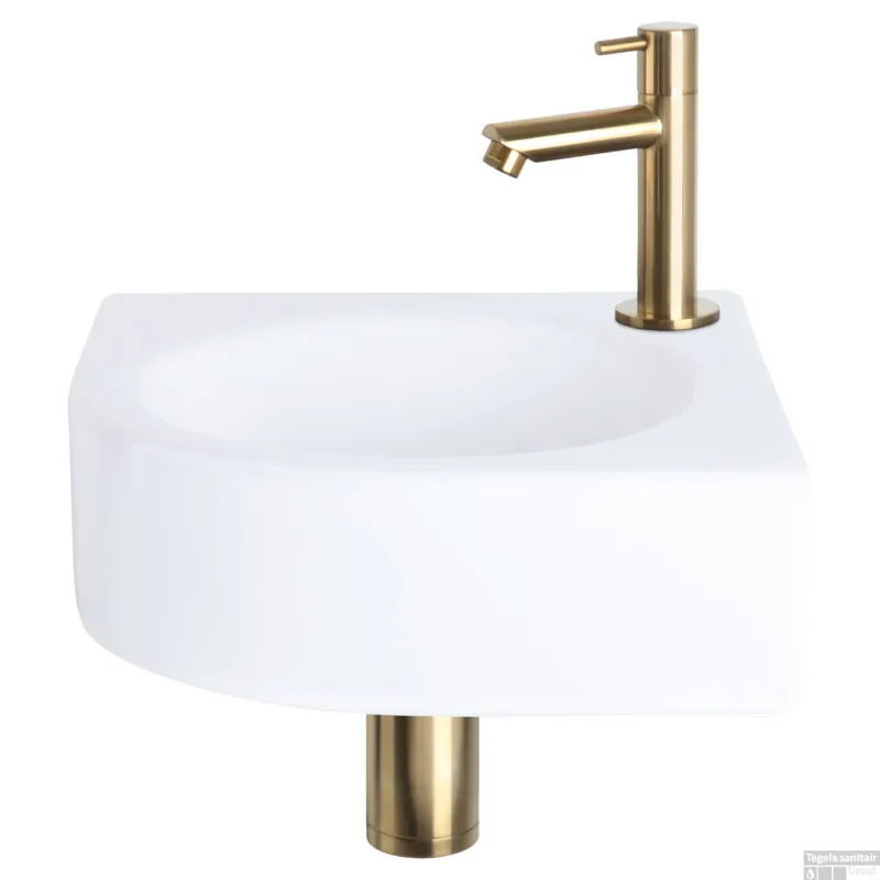 Fonteinset Differnz Cleo 30x30x10 cm Keramiek Wit Met Kraan Recht Mat Goud Hoge Kwaliteit