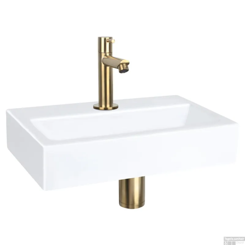 Fonteinset Differnz Flat Keramiek 38x24x7 cm Wit Met Rechte Kraan Mat Goud Betrouwbaar