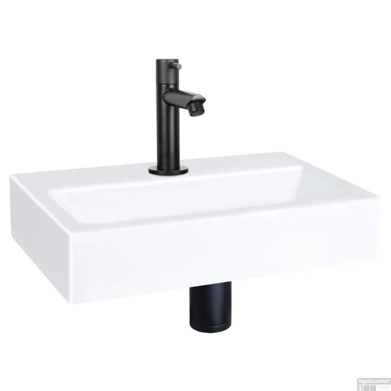 Weekendaanbieding Fonteinset Differnz Flat Keramiek 38x24x7 cm Wit Met Rechte Kraan Mat Zwart