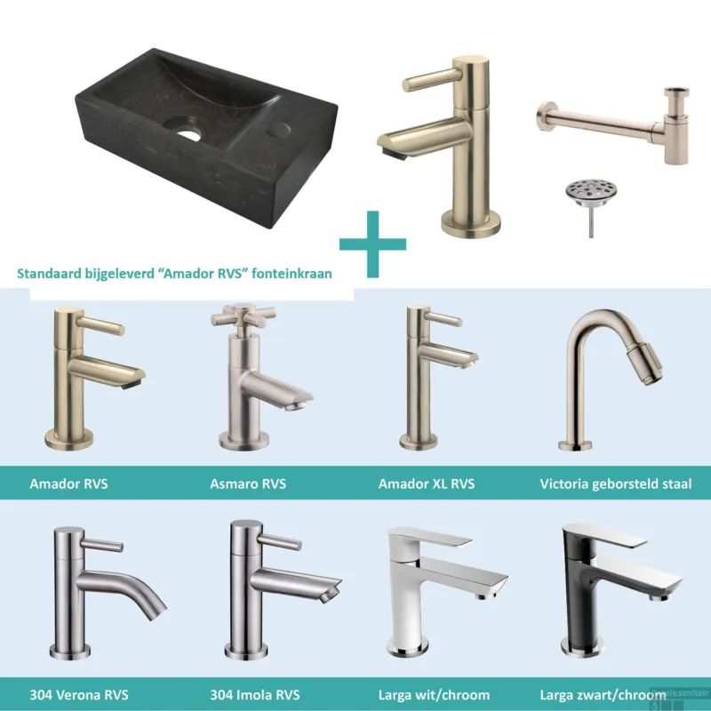 FonteinPack Natuursteen Rechts 36x18x9 cm RVS (Keuze uit 8 kranen) Aanbieding