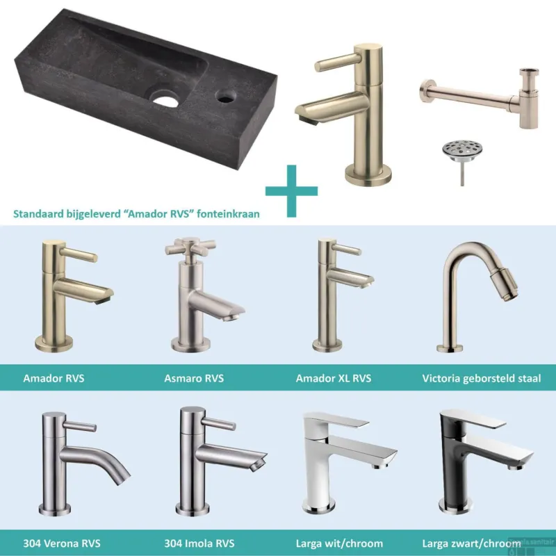 Exclusieve Aanbieding FonteinPack Small Natuursteen Rechts 38x14x8 cm RVS (Keuze uit 8 kranen)