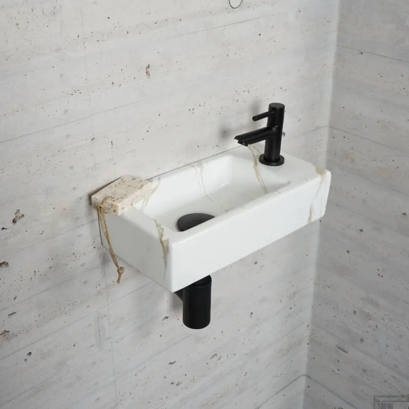 Fonteinset Carrara Marmerlook Wiesbaden Color Mat Zwart (kraangat rechts) Gereduceerde Prijs