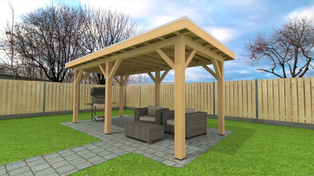 Laatste Kans Douglas Overkapping 600x300 cm / 6x3 m | Bouwpakket | Robuust - Zijwand Enkel Bekleed Zwart Gespoten