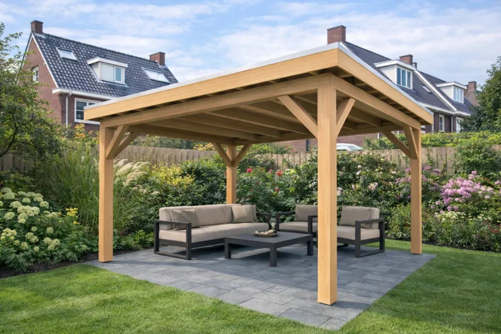 Betaalbaar Douglas Overkapping 400x350 cm / 4x3,5 m | Bouwpakket | Robuust - Zijwand Enkel Bekleed Zwart Gespoten