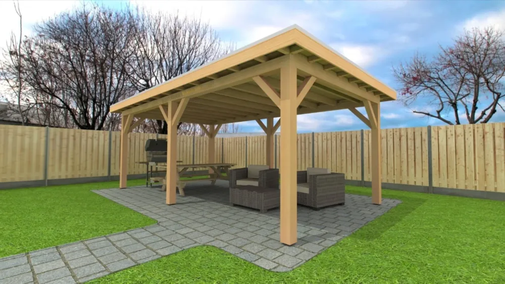 Douglas Overkapping 700x400 cm / 7x4 m | Bouwpakket | Robuust - Zijwand Dubbel Bekleed Zwart Gespoten Tijdelijk Beschikbaar