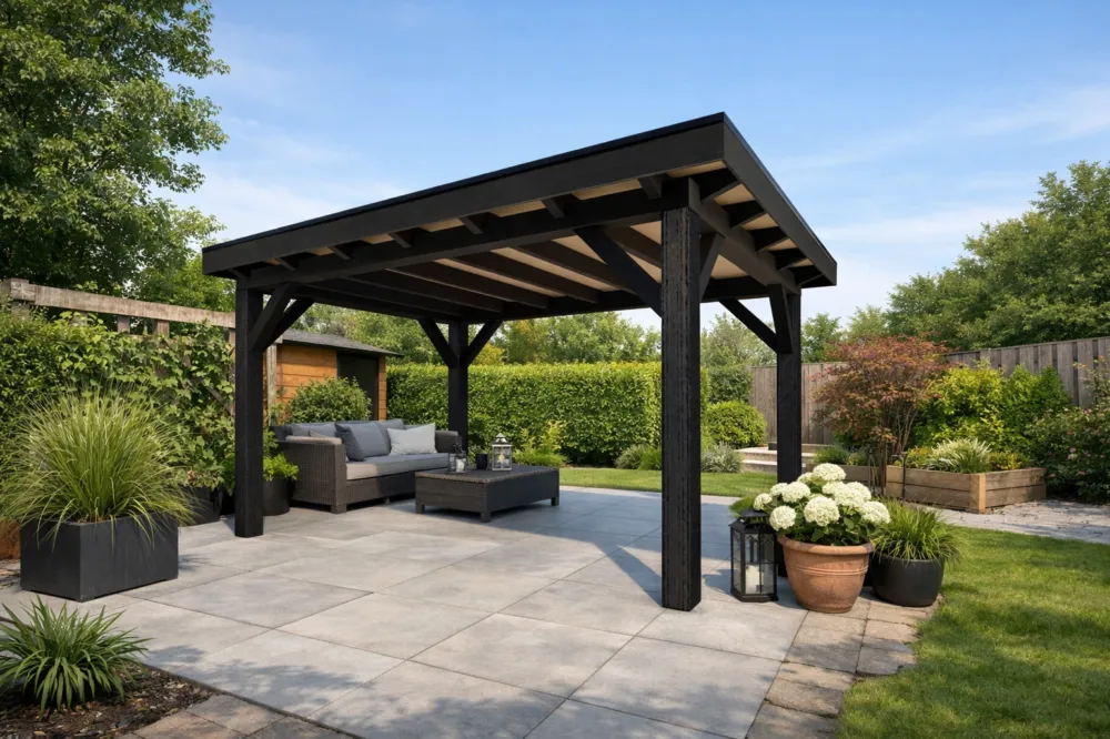 Aanbieding Douglas Overkapping 400x350 cm / 4x3,5 m | Materialenpakket | Robuust | Zwart Geïmpregneerd - Zijwand Enkel Bekleed Onbehandeld