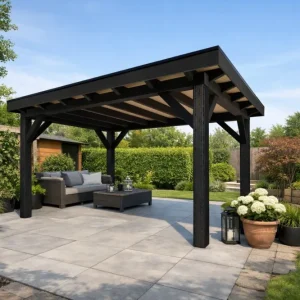 Direct Verzonden Douglas Overkapping 400x400 cm / 4x4 m | Materialenpakket | Robuust | Zwart Geïmpregneerd - Achterwand Enkel Bekleed Zwart Gespoten