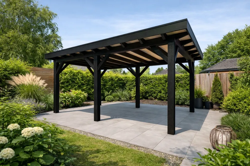Koopje Douglas Overkapping 500x250 cm / 5x2,5 m Materialenpakket | Robuust | Zwart Geïmpregneerd - Achterwand Enkel Bekleed Zwart Gespoten