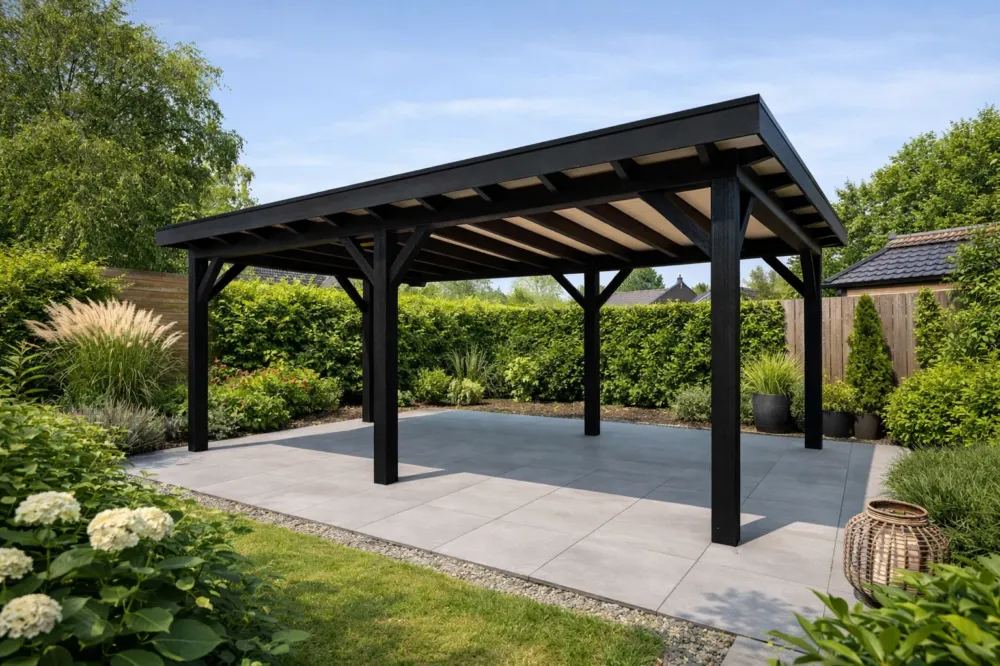 Direct Beschikbaar Douglas Overkapping 600x350 cm / 6x3,5 m | Materialenpakket | Robuust | Zwart Geïmpregneerd - Zijwand Enkel Bekleed Zwart Gespoten