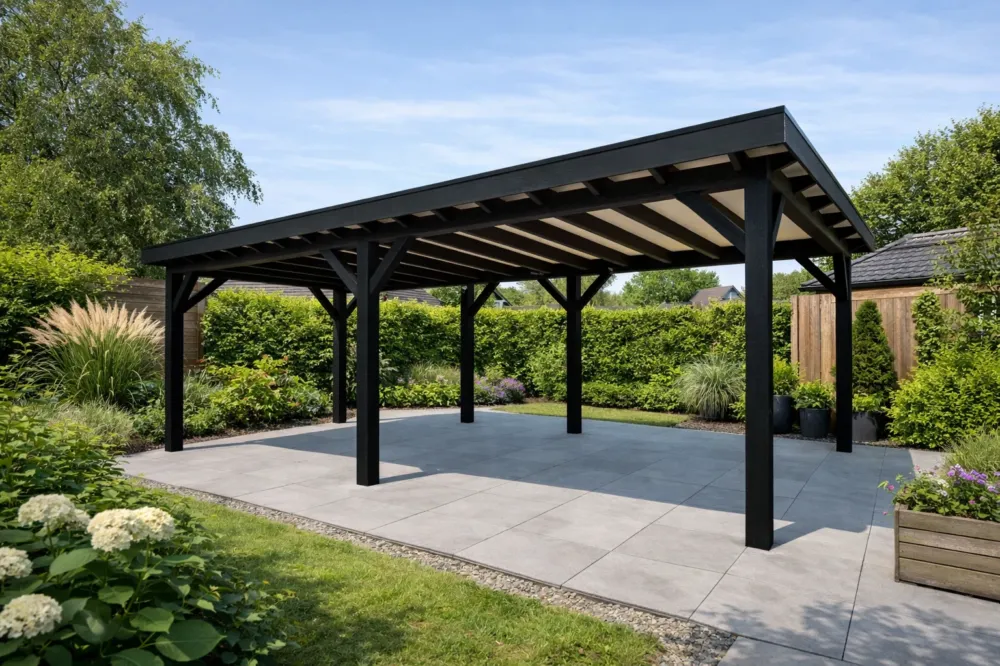 Beperkt Aanbod Douglas Overkapping 700x250 cm / 7x2,5 m Materialenpakket | Robuust | Zwart Geïmpregneerd - Zijwand Enkel Bekleed Zwart Gedompeld
