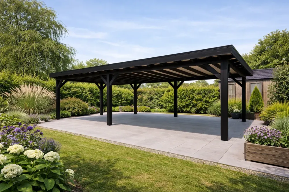 Korting Douglas Overkapping 800x350 cm / 8x3,5 m | Materialenpakket | Robuust | Zwart Geïmpregneerd - Zijwand Enkel Bekleed Zwart Gedompeld