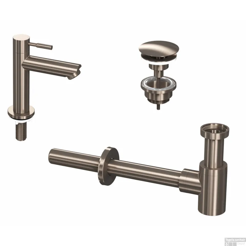 Fonteinkraanset INK Laag Model Inclusief Waste en Design Sifon Brushed Nickel Speciale Aanbieding