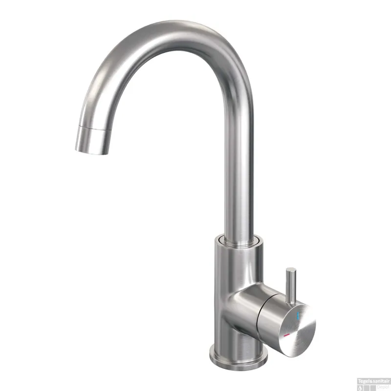 Wastafelmengkraan Brauer Brushed Edition Coldstart Opbouw Hoog Gebogen Korte Ronde Hendel Geborsteld RVS PVD Laatste Kans