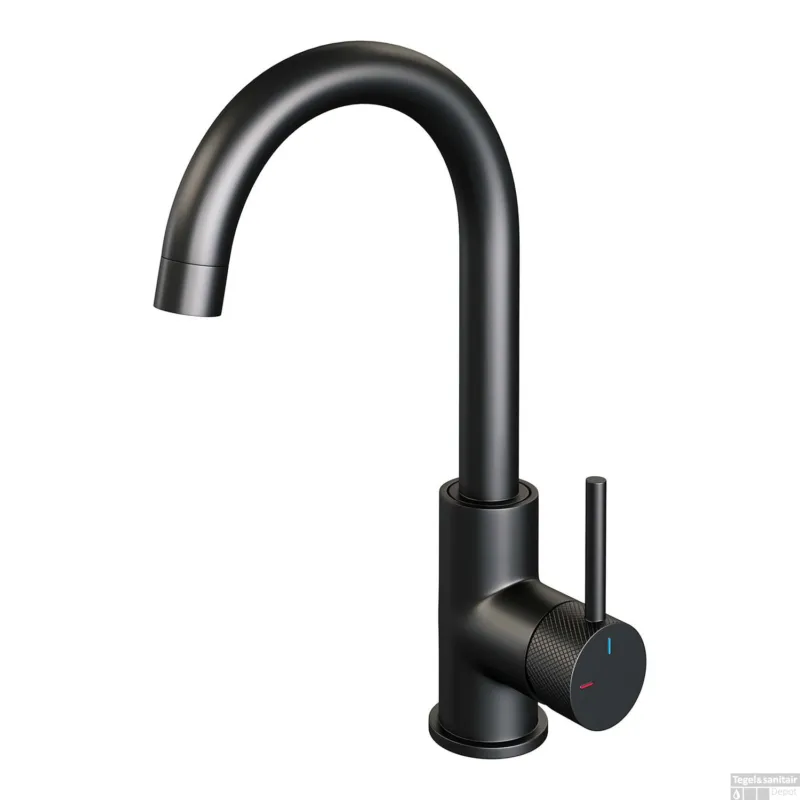 Seizoensaanbieding Wastafelmengkraan Brauer Black Carving Coldstart Opbouw Hoog Gebogen Ronde Hendel Mat Zwart