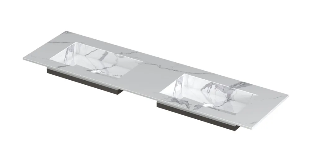 Uitverkoop Ink Post Wastafel keramische slab envelop bak dubbel zonder kraangaten - Statuario glans - 1600x450x10 mm (bxdxh)