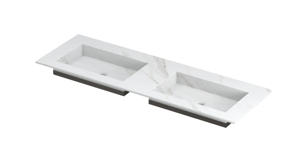 Laatste Versie Ink Post Wastafel keramische slab envelop bak dubbel zonder kraangaten - Calacatta mat - 1400x450x10 mm (bxdxh)