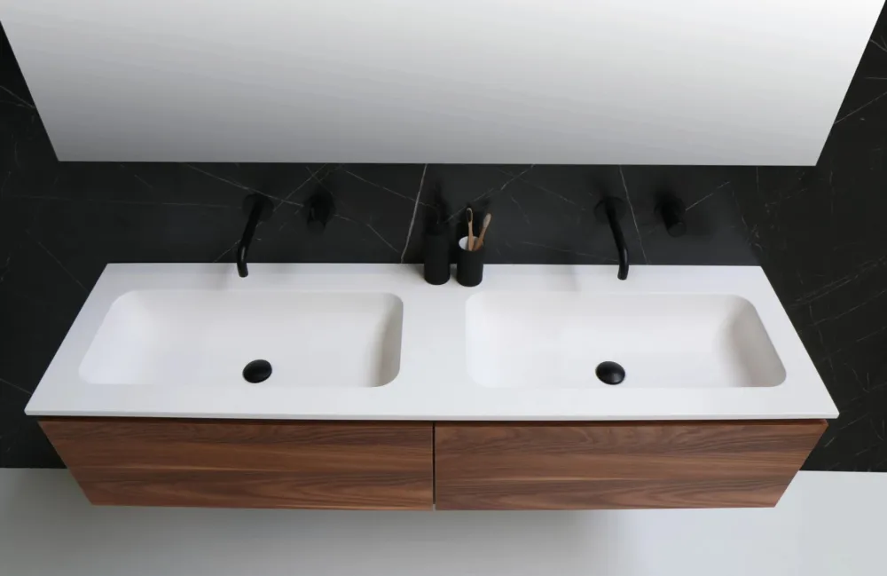 Ink Faktor Wastafel polystone dubbel zonder kraangaten glans wit 1200x450x15mm (bxdxh) Merkproduct