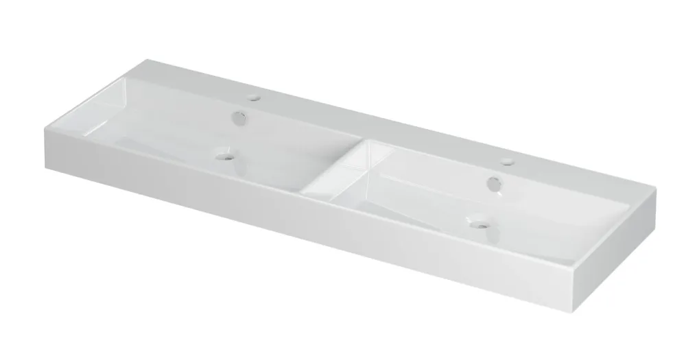 Ink Unlimited wastafel porselein dubbel met 2 kraangaten - Glans wit 1400x450mm (bxd) Speciale Aanbieding