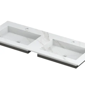 Ink Post Wastafel keramische slab envelop bak dubbel 2 kraangaten - Calacatta mat - 1200x450x10 mm (bxdxh) Laatste Kans