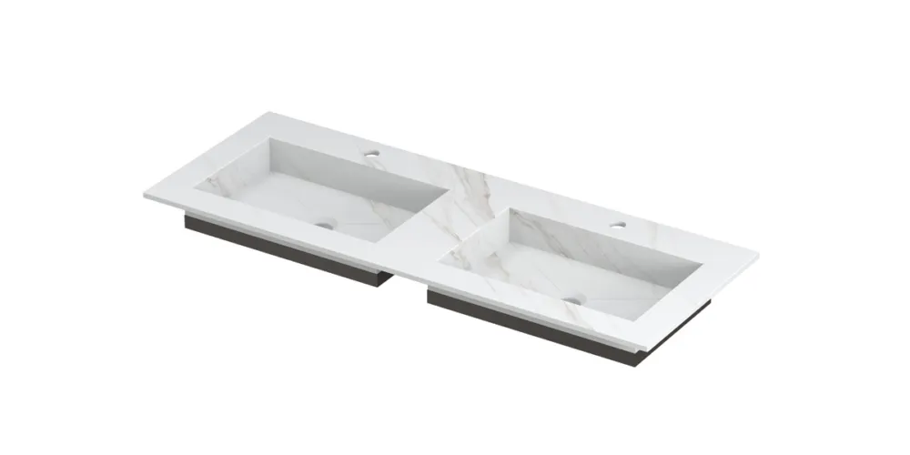 Ink Post Wastafel keramische slab envelop bak dubbel 2 kraangaten - Calacatta mat - 1200x450x10 mm (bxdxh) Laatste Kans