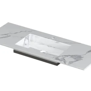 Tijdelijk Beschikbaar Ink Post Wastafel keramische slab envelop bak midden met 1 kraangat - Statuario glans - 1200x450x10 mm (bxdxh)