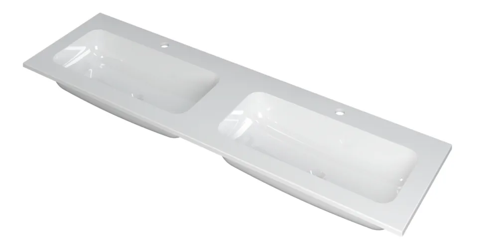 Ink Faktor Wastafel polystone dubbel met 2 kraangaten - Glans wit - 1600x450x15 mm (bxdxh) Lage Prijs