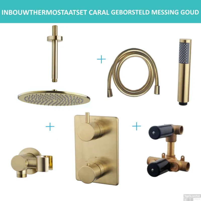 Must-Have Inbouwthermostaatset Wiesbaden Caral Rond 30cm Plafonduitloop Geborsteld Messing Goud PVD Coating