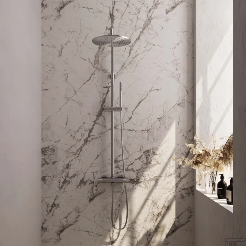 Voordeelprijs Regendoucheset Opbouw Brauer Brushed Carving 30 cm Thermostatisch met Staaf Handdouche Geborsteld RVS