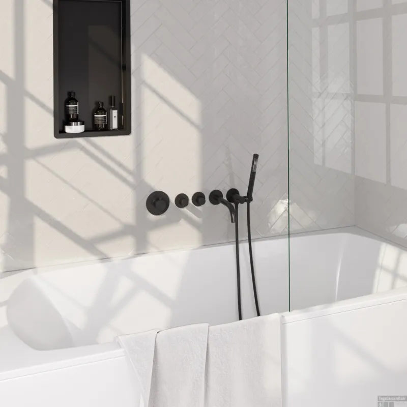 Brauer Stripe thermostatische inbouw badkraan SET 01 met uitloop en staaf handdouche en doucheslang en wandaansluitbocht mat zwart Op = Op