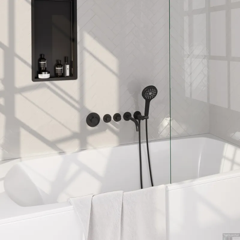Veilige Betaling Brauer Stripe thermostatische inbouw badkraan SET 02 met uitloop en 3-standen handdouche en doucheslang en wandaansluitbocht mat zwart