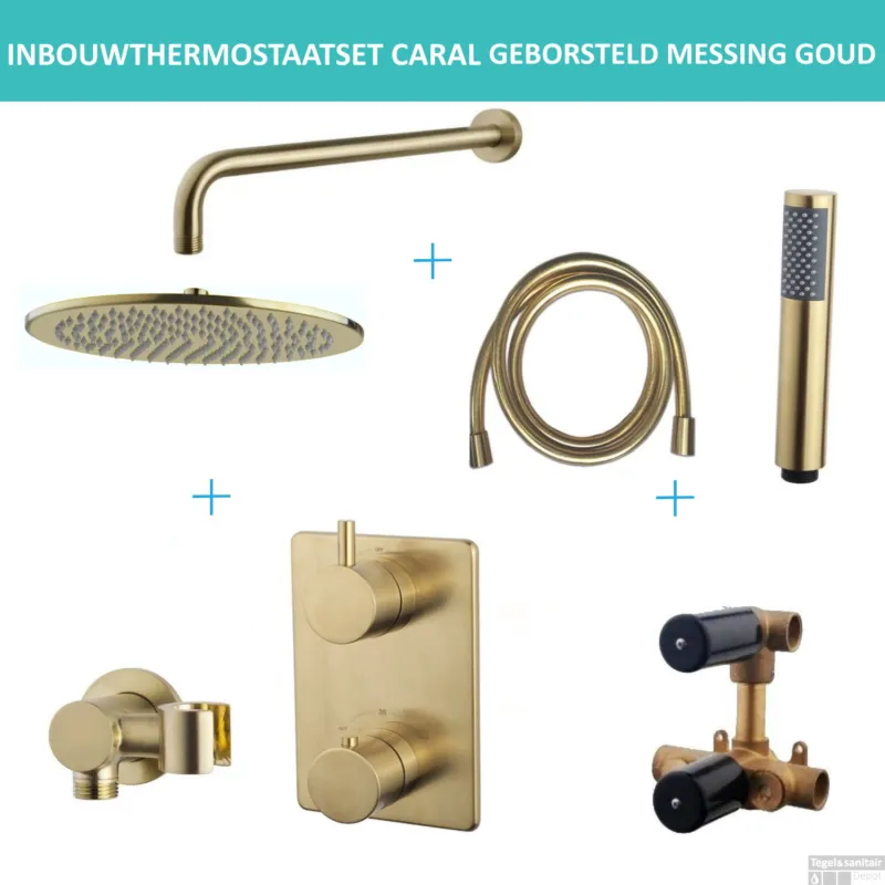 Inbouwthermostaatset Wiesbaden Caral Rond 30cm Muuruitloop Geborsteld Messing Goud PVD Coating Veilige Betaling