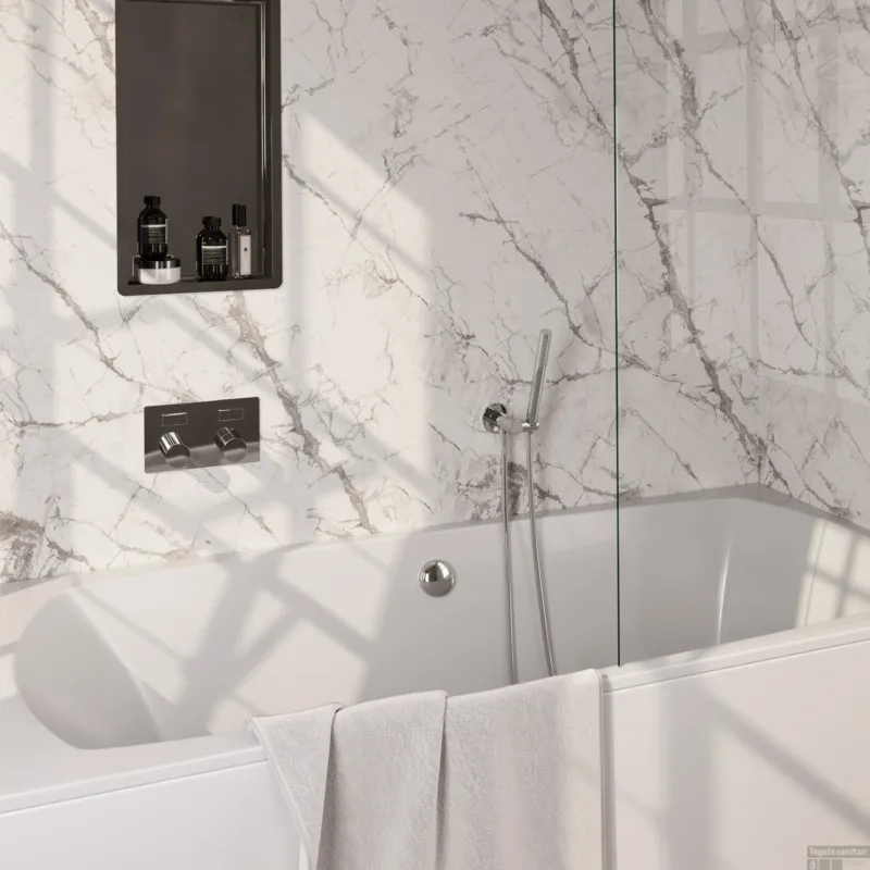 Brauer Stripe thermostatische inbouw badkraan met drukknoppen SET 03 met badvulcombinatie en staaf handdouche en doucheslang en wandaansluitbocht chroom Direct Beschikbaar