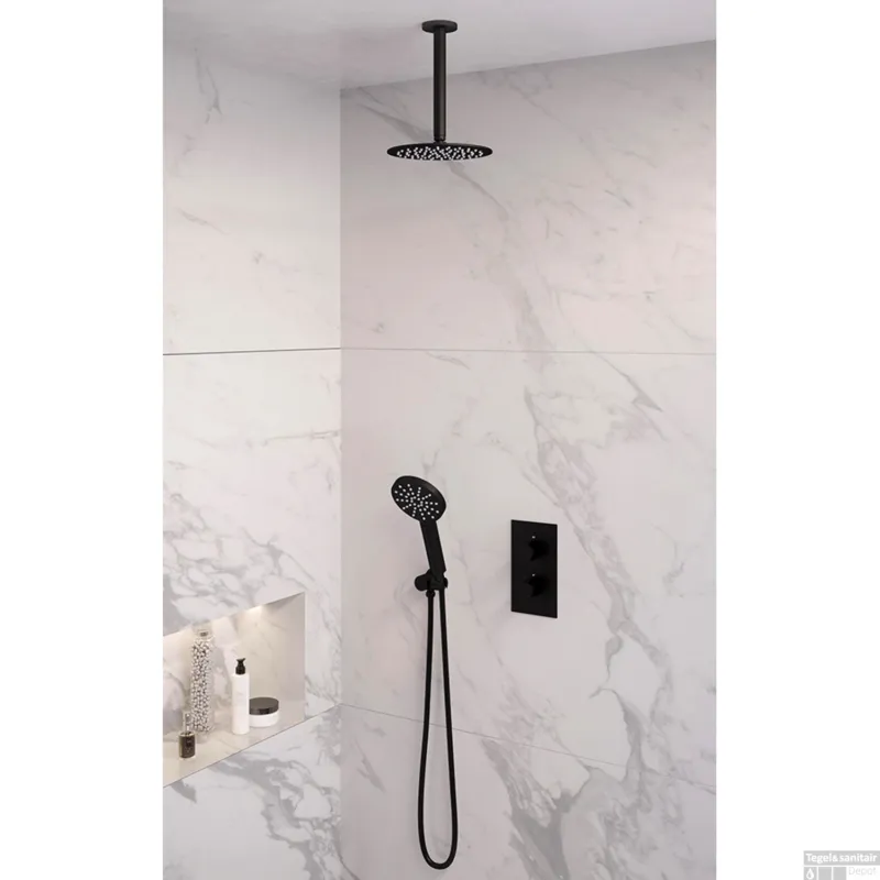 Inbouw Regendouche Set Brauer Black Edition Plafond Uitloop Ronde Hoofddouche 20 cm Met Handdouche 3 Standen Mat Zwart Direct Verzonden