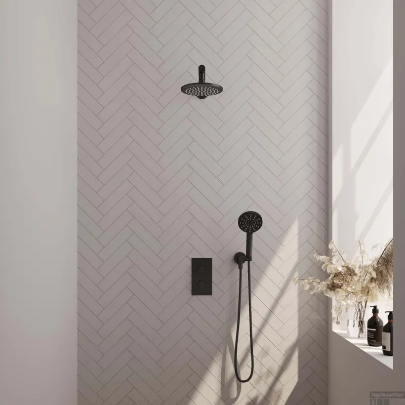 Regendoucheset Inbouw Brauer Black Carving Thermostatisch 20cm met 3-Weg Omstelling, Wandarm en 3-Standen Handdouche Mat Zwart Actieprijs