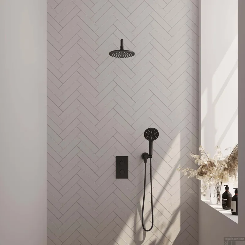Regendoucheset Inbouw Brauer Black Carving Thermostatisch 20cm met 3-Weg Omstelling, Gebogen Wandarm en 3-Standen Handdouche Mat Zwart Merkproduct