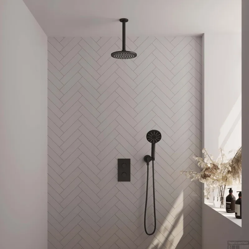Regendoucheset Inbouw Brauer Black Carving Thermostatisch 20cm met 3-Weg Omstelling, Plafondarm en 3-Standen Handdouche Mat Zwart Bestel Nu