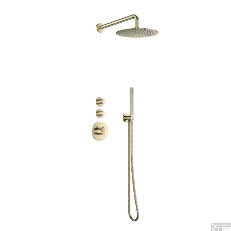 Direct Verzonden Doucheset Inbouw Deluxe Sanilux Giles Met Box Thermostaat Douchekop 25 cm Rond Goud Geborsteld