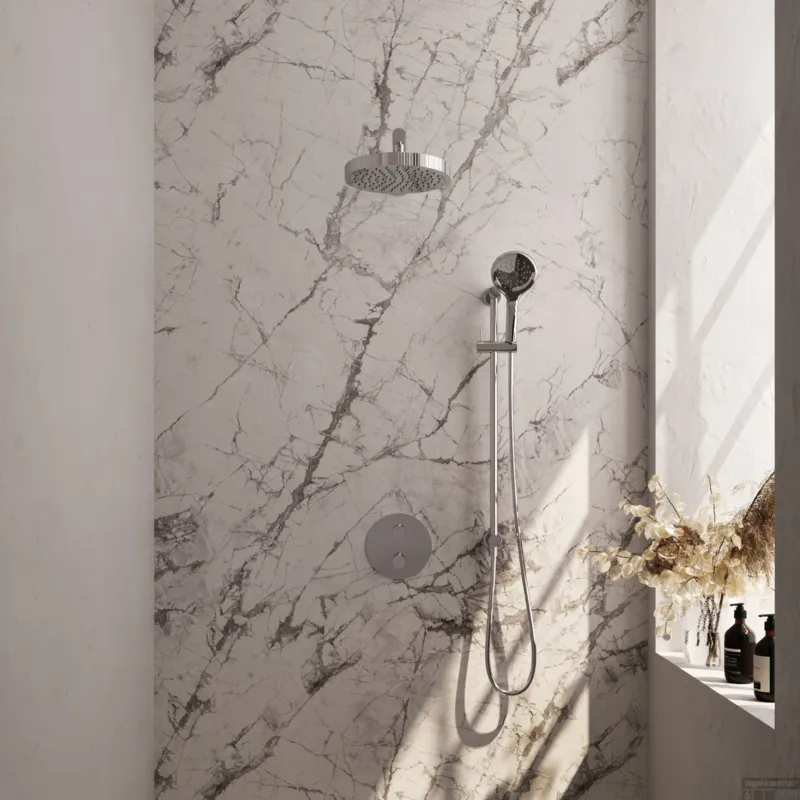 Brauer Stripe thermostatische inbouw regendouche 3-weg rond SET 46 met 25 cm douchekop en rechte muurarm en 3-standen handdouche en doucheslang en geintegreerde glijstang chroom Voordeelprijs