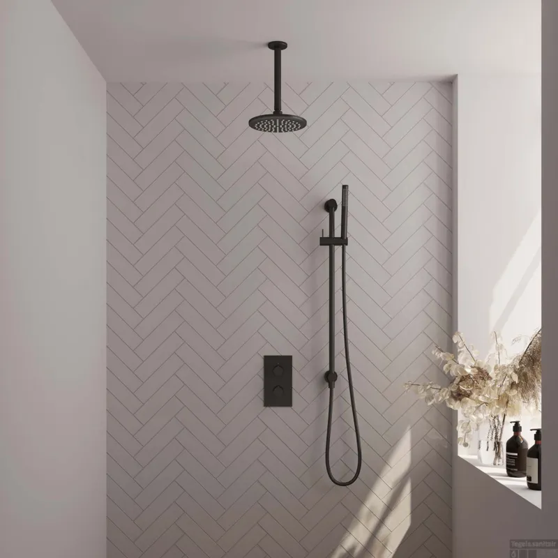 Laatste Versie Inbouw Regendouche Set Brauer Black Edition Plafond Uitloop Ronde Hoofddouche 20 cm Met Glijstang Mat Zwart