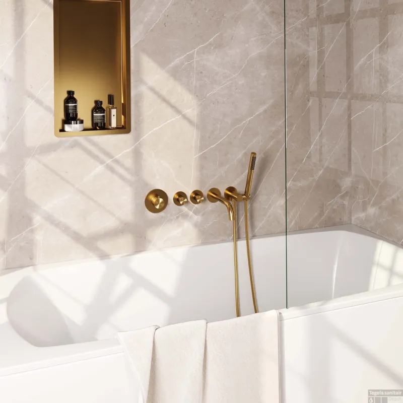 Inbouwthermostaatset Brauer Gold Carving Incl Baduitloop en Staafhanddouche Messing Goud Merkproduct