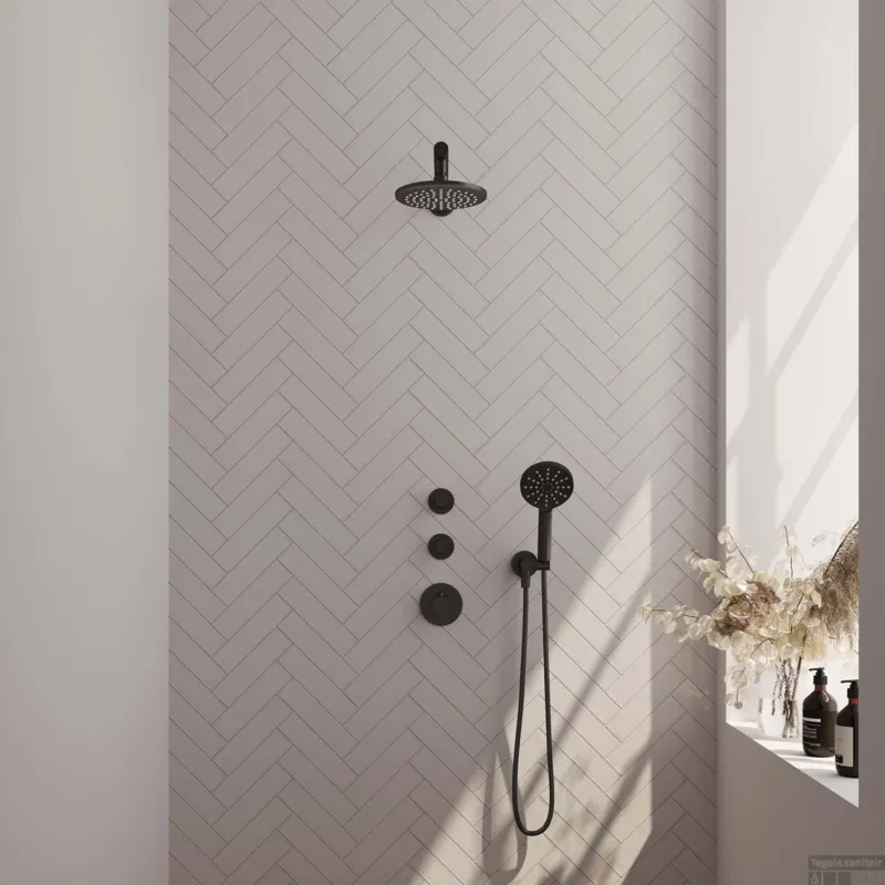 Regendoucheset Inbouw Brauer Black Carving Thermostatisch 20cm met Wandarm en Handdouche 3-Standen Losse Stopkranen Mat Zwart Favoriet