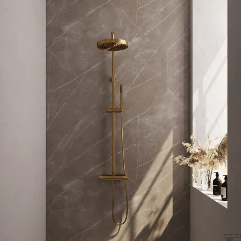 Laatste Kans Brauer Stripe opbouw thermostatische regendouche SET 01 met 25 cm hoofddouche en staaf handdouche en doucheslang goud geborsteld PVD