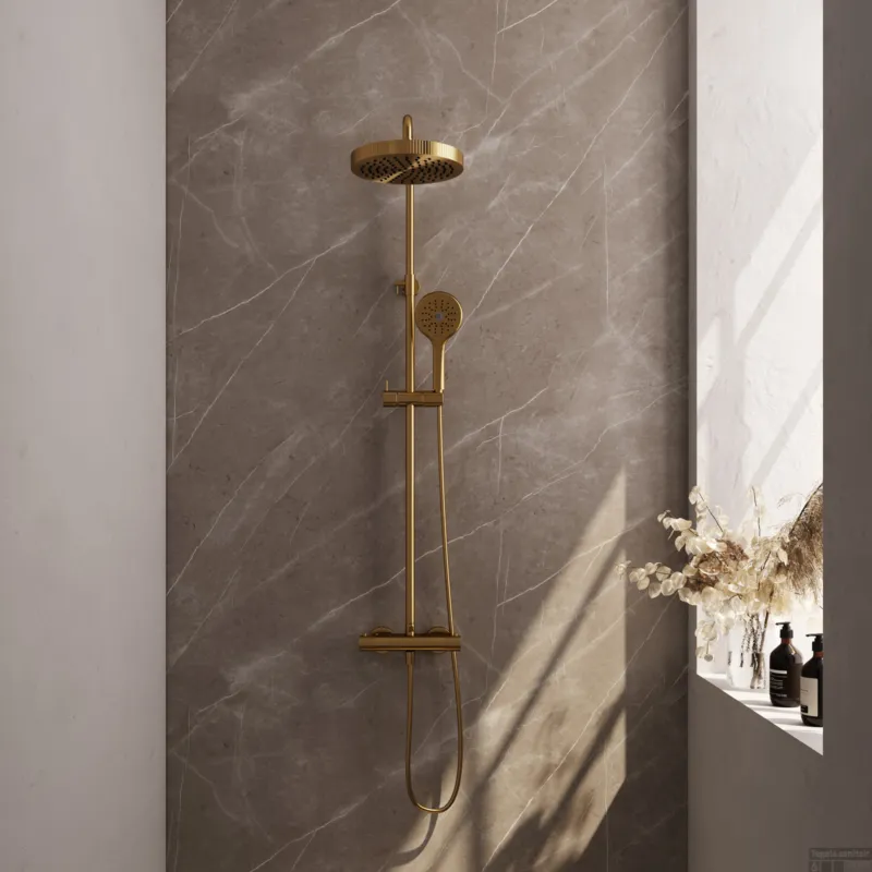 Betrouwbaar Brauer Stripe opbouw thermostatische regendouche SET 02 met 25 cm hoofddouche en 3-standen handdouche en doucheslang goud geborsteld PVD